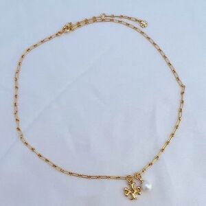 Tory Burch Gold Chain Necklace with Pearl And Double T Pendant
